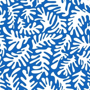 Blue and white coral reef twigs, coastal greek blue beach house, marine nautical underwater papercut matisse inspired abstract cutouts corals