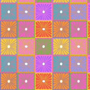 Groovy Checkered Daisies, modern cute funky colorful design with psychedelic 60s happy flowers blooms and checkerboardd 