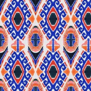 geometric diamond shapes Ikat traditional pattern in blue, orange peach