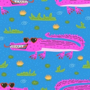 Funky Cute Pink Crocodiles in sunglasses with polished red nails, bright and bold,  funny crazy cute glamorous whimsical safari alligators in swamp glades with water lilies and plants, dopamine and fun