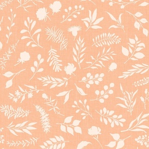 modern and classic  one-directional floral design with wild meadow, botanical weeds, woodland branches, twigs, leaves,  berries flowers and  herbs in delicate soft yellow pink pastel colors