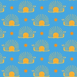 Sunny Snails- cute  and fun sunny snails with sunburst, boho hand-drawn seamless pattern in blue and yellow,  nursery for kids dopamine positive home decor