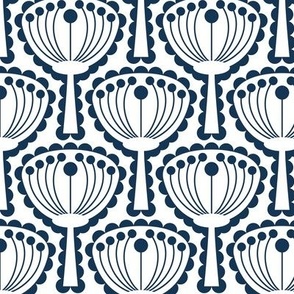 Mid Century Modern (MCM) Scandi Scalloped Flowers // Navy Blue and White // V1 // 467 DPI