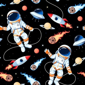 Fantasy Astronaut Spacewalk with Comets Planets Rocket Ships and Flying Saucers