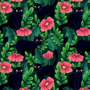 Black Kittens in a Tropical Flower Garden