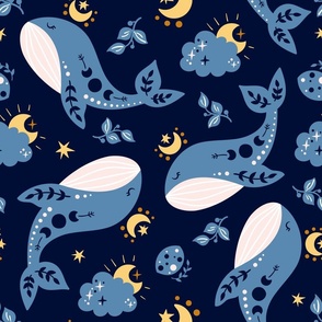 Celestial Moon Phases Dream with Blue Humpback Whales Breaching in the Moonlight
