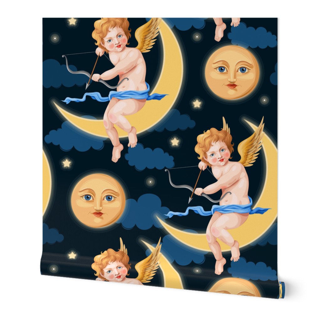 Baroque Cherubic Cupid on a Crescent Moon in a Night Sky