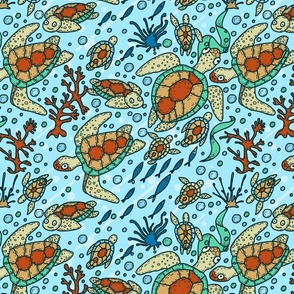 Sea Turtles and Young Hand Drawn Aqua Ocean with Bubbles Coral Seaweed Kelp and Fish