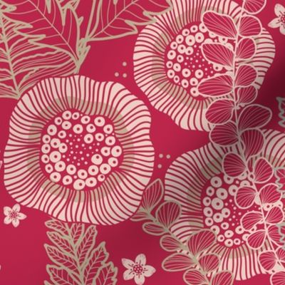 ferns and banksia on magenta revised with highlights around flowers