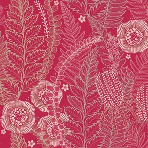 ferns and banksia on magenta revised with highlights around flowers