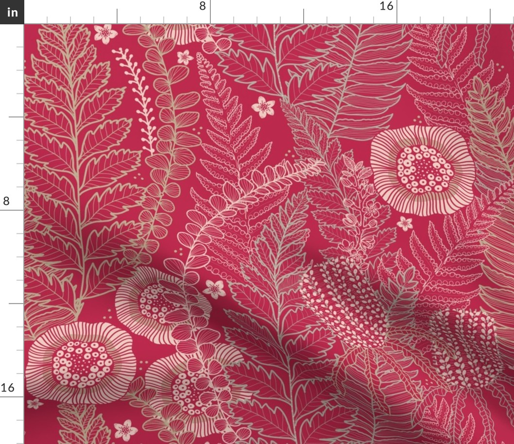 ferns and banksia on magenta revised with highlights around flowers