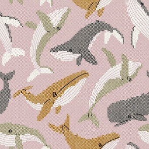 Cross stitch whales on pale pink
