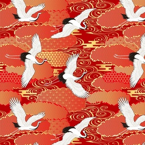 White Flying Cranes with Red and Gold Asian Influence