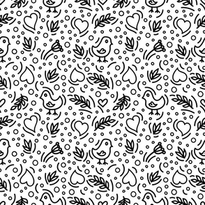 Birds, Hearts, Brunches, Dots and other black elements in Doodle Style on white