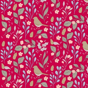 Garden floral and bird on dark background, viva magenta