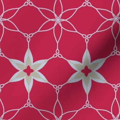 Art Deco Star Flowers in Light Gray and Khaki on Magenta Red