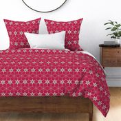 Art Deco Star Flowers in Light Gray and Khaki on Magenta Red