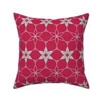 Art Deco Star Flowers in Light Gray and Khaki on Magenta Red