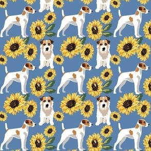Jack Russel Terrier Dog Small Print Sunflower  yellow floral dog fabric Blue denim