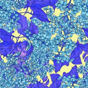 Spring big lilac flower pop art on yellow