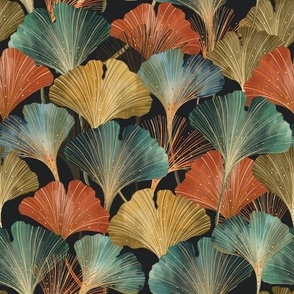 Shimmering Watercolor Ginkgo Leaves in Turquoise, Coral, and Gold