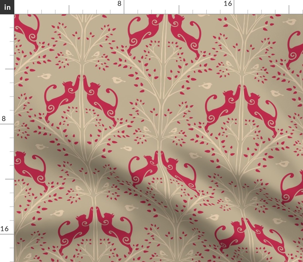 Damask Cats. Red. 10.5"x10.5"