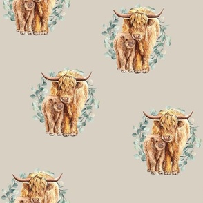 Watercolor Highland Cow on Taupe Large