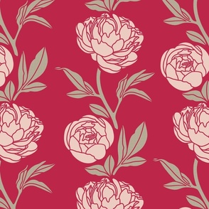 Woodblock peonies on magenta - large