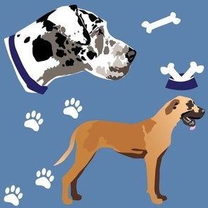Two Great Dane Dogs Large Print Tan  Black & White dog  paw prints, dog bone, dog fabric denim blue 
