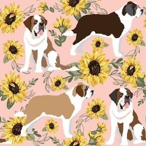 St Bernard Dog Sunflower Large Print big dog  yellow floral pink peach dog fabric