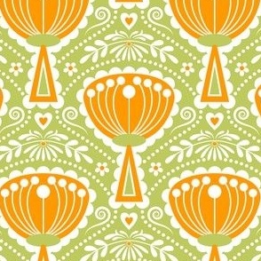 Filigree Mid Century Modern Scandi Scalloped Flowers // Light Grass Green, Orange, White // 600 DPI