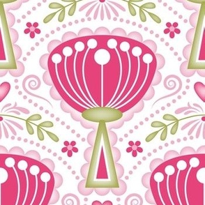 Shaded Filigree Mid Century Modern (MCM) Scandi Scalloped Flowers  // Magenta, Pink, Green, White // V2 // 333 DPI
