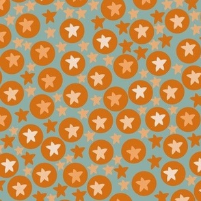 Tanning tangerine circles and dots with blue gray background