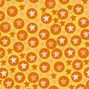 Tanning tangerine circles and dots with mustard background
