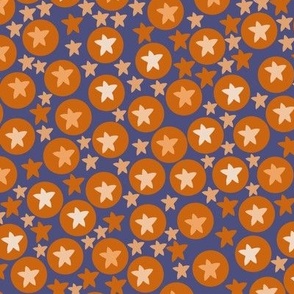 Tanning tangerine circles and dots with violet background