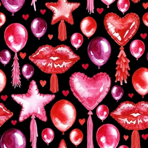 MEDIUM Watercolor Helium Balloons on Black (Valentines Hugs and Kisses Collection)