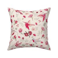 Hummingbirds, Cream, Pink, Red, Magenta, floral, birds, small, JG Anchor Designs, nature, botanical