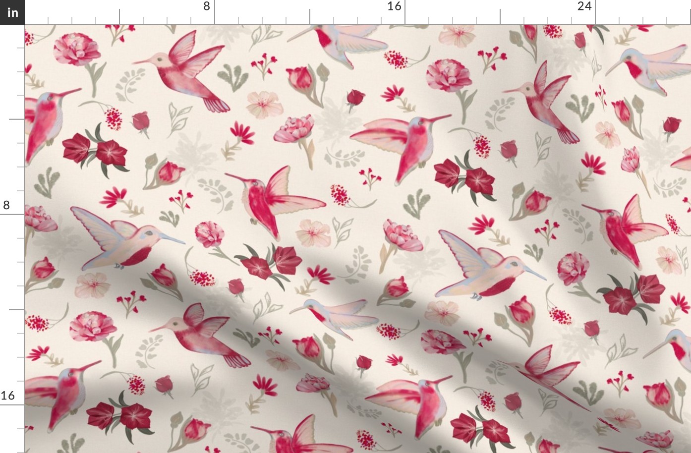 Hummingbirds, Cream, Pink, Red, Magenta, floral, birds, small, JG Anchor Designs, nature, botanical