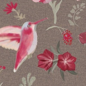 Hummingbirds, Pink, Brown, Linen, Red, Magenta, JG Anchor Designs, jg_anchor_designs