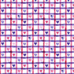 SMALL Pink and Purple Watercolor Checks with Hearts (Hugs and Kisses Valentines Collection)