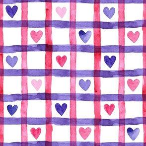 MEDIUM Pink and Purple Watercolor Checks with Hearts (Hugs and Kisses Valentines Collection)