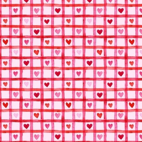SMALL Pink and Red Watercolor Checks with Hearts (Hugs and Kisses Valentines Collection)