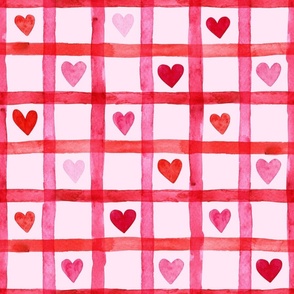 MEDIUM Pink and Red Watercolor Checks with Hearts (Hugs and Kisses Valentines Collection)