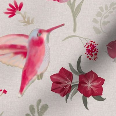 Hummingbirds, Pink, Taupe, Linen, Tan, Red, Magenta,  JG Anchor Designs #birds, nature, birds