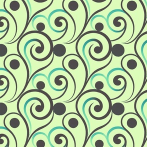 Swirling Flourishes in Spring Green, Turquoise, and Chocolate