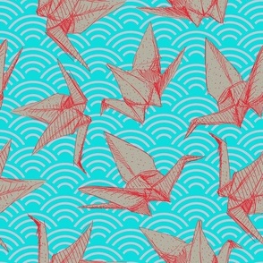 Origami paper cranes sketch. Burgundy red maroon gray blue. Nature oriental pattern with Japanese wave circle. 