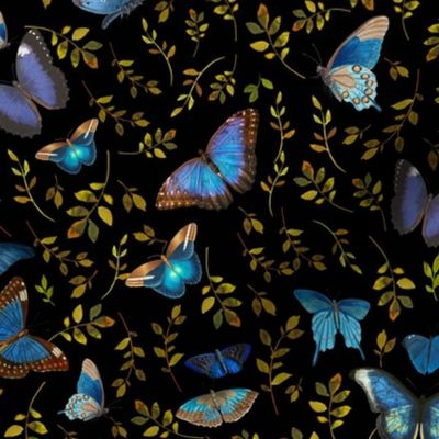 Nostalgic Retro Blue Butterflies, Moths Fabric, Vintage Butterfly fabric,leaf and moth fabric, Vintage home decor,  antique wallpaper,night black, insects tea towel