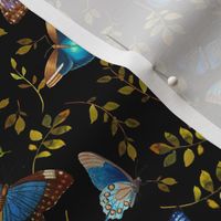 Nostalgic Retro Blue Butterflies, Moths Fabric, Vintage Butterfly fabric,leaf and moth fabric, Vintage home decor,  antique wallpaper,night black, insects tea towel