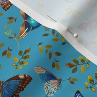 Nostalgic Retro Blue Butterflies, Moths Fabric, Vintage Butterfly fabric,leaf and moth fabric, Vintage home decor,  antique wallpaper,blue, insects tea towel