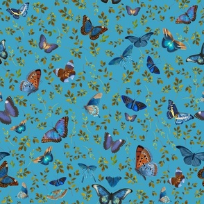 Nostalgic Retro Blue Butterflies, Moths Fabric, Vintage Butterfly fabric,leaf and moth fabric, Vintage home decor,  antique wallpaper,blue, insects tea towel